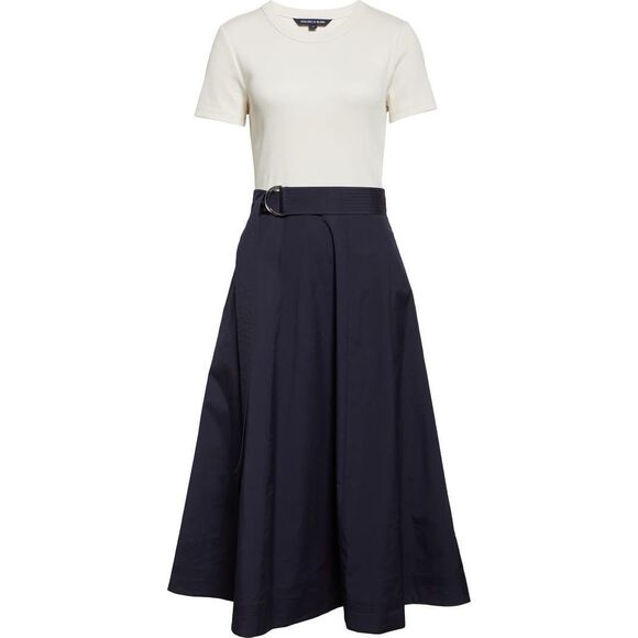 Veronica Beard Women's White Navy Blue Facia Mixed Media Midi Dress Medium NWOT - Picture 1 of 13